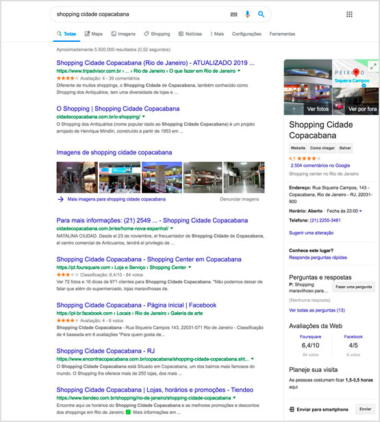 Ficha Google Meu Negócio do Shopping Cidade Copacabana no Rio de Janeiro
